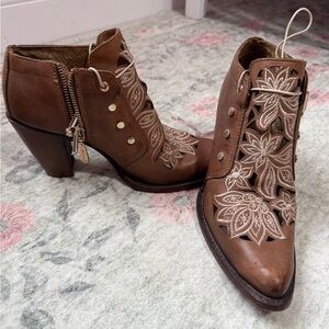 Chic Brown Floral Cutout Ankle Booties